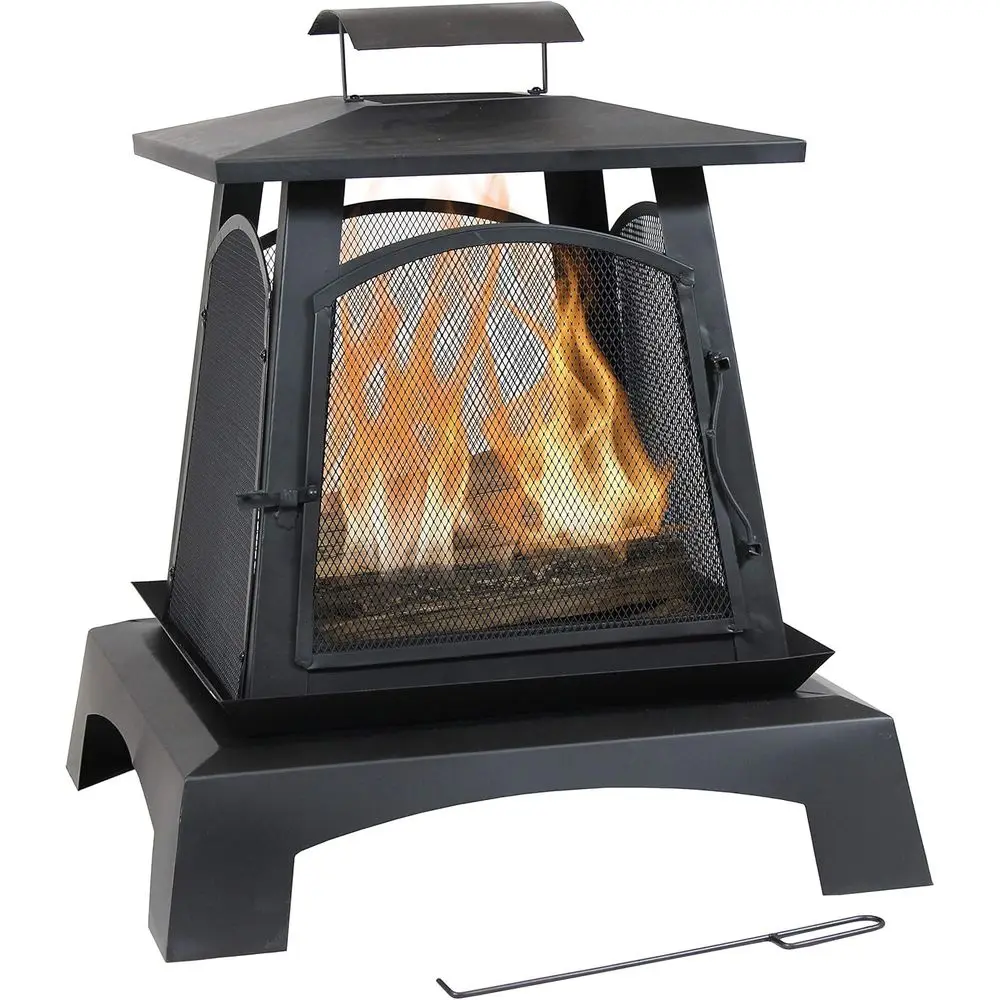 

32-Inch Steel Pagoda Fire Pit, Wood-Burning with Log Grate and Poker, Black High-Temp Paint