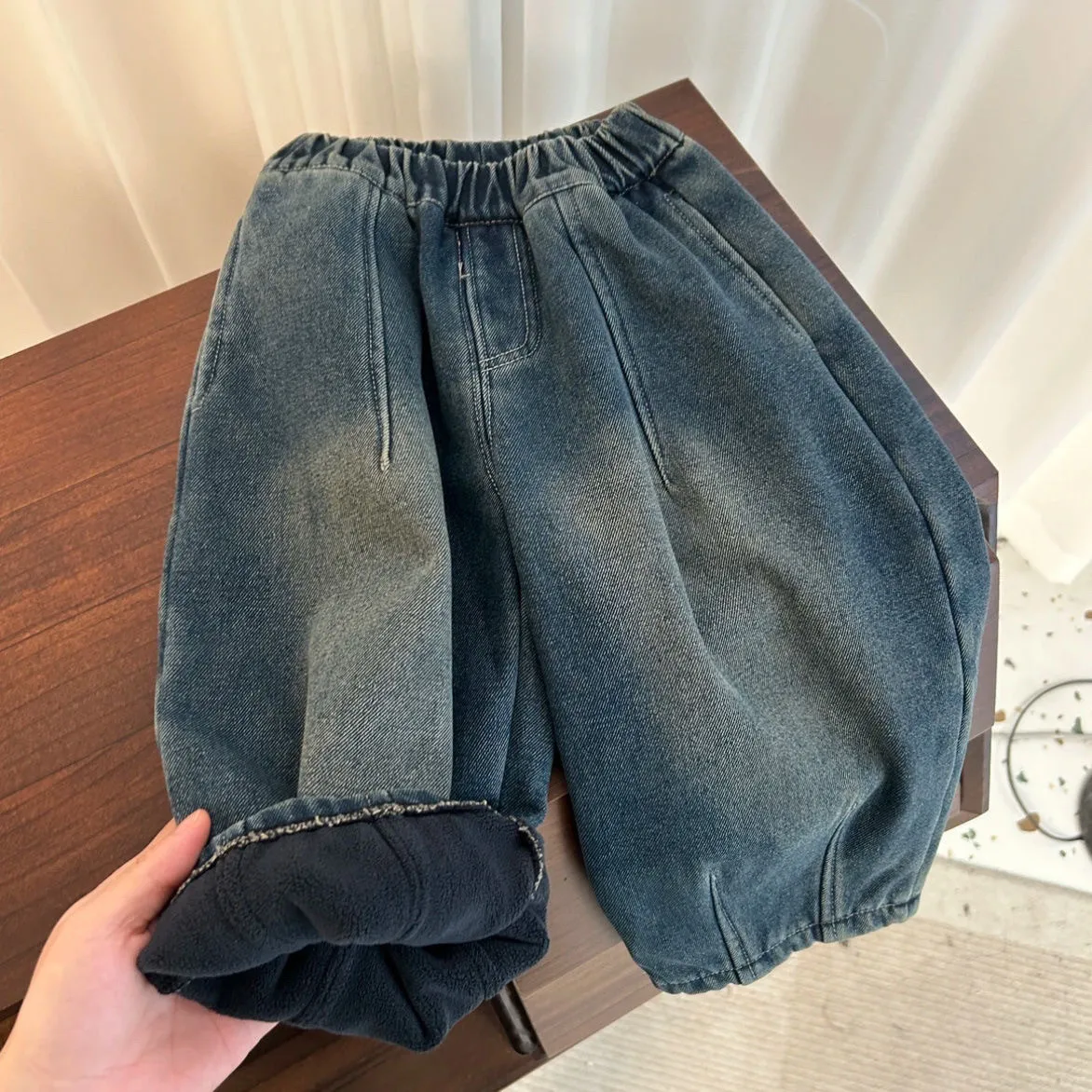 

Kids Boys Jeans New Winter Solid Color Thicken Warm Toddler Boys Demin Pant Versatile Elastic Waist Infant Boys Harem Pant