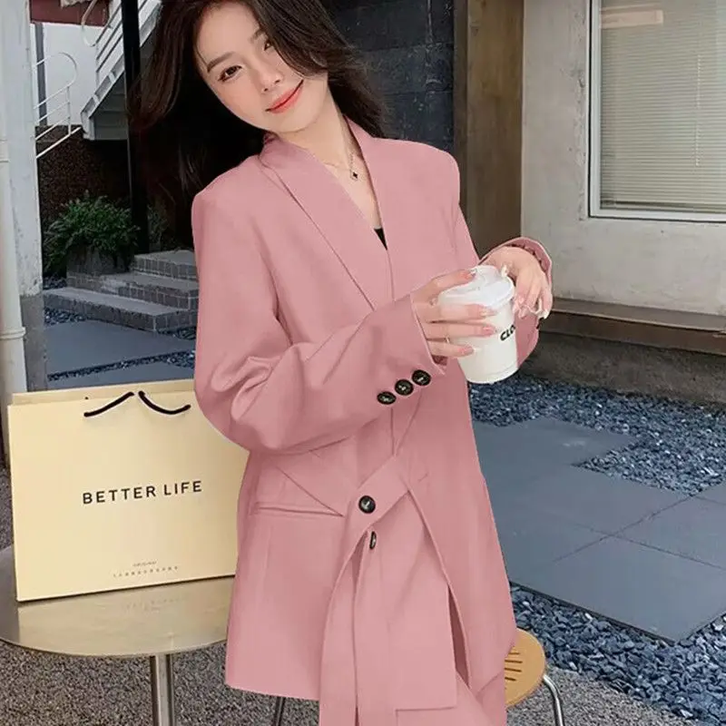 2024 Spring Women Blazers and Wide Leg Pants Set Solid  New Autumn Lace Up Loose Lightweight Elegant Suit 2 Piece