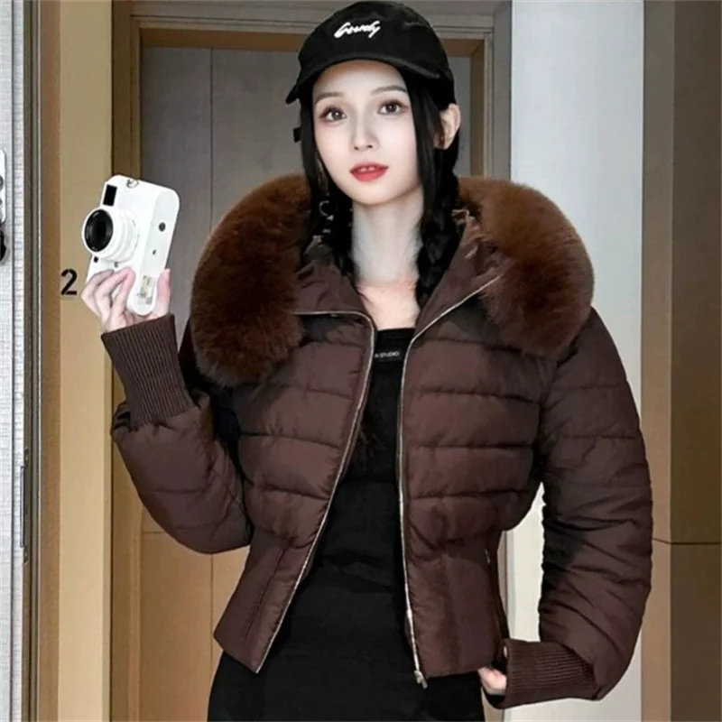 

2025 Streetwear Slim High-waist Winter Short Parkas Women's Cotton-padded Jacket Hooded Fur-collar Thick Warm Coats Student Tops