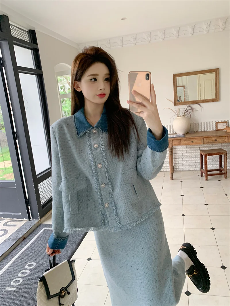 Plus Size Chic Two-Piece Set for Women, Autumn/Winter, Plus Size Denim Color-Block Stitched Tassel Jacket and Slimming Skirt