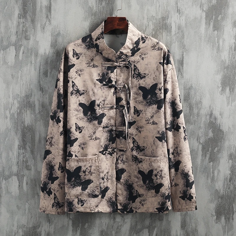 Chinese Traditional Dress Vintage Butterfly Pattern Shirt Mens Clothing Plus Size Thin Coat Loose Long Sleeves Casual Tops Male