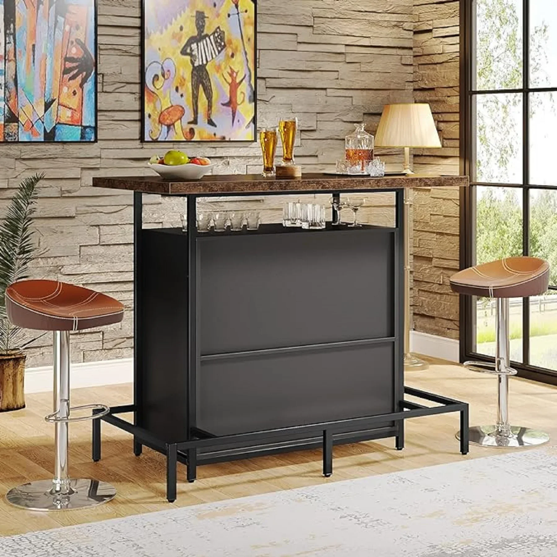 Tribesigns Home Bar Unit Cabinet with Footrest, Industrial 3-Tier Liquor Bar Table with Stemware Rack and Wine Storage