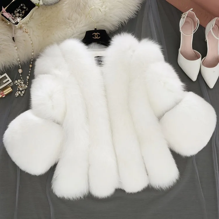Women's Coats Outerwear Winter Warmth Faux Fur Fox Fur Patchwork 3/4 Sleeves Artificial Fur Grass Coat
