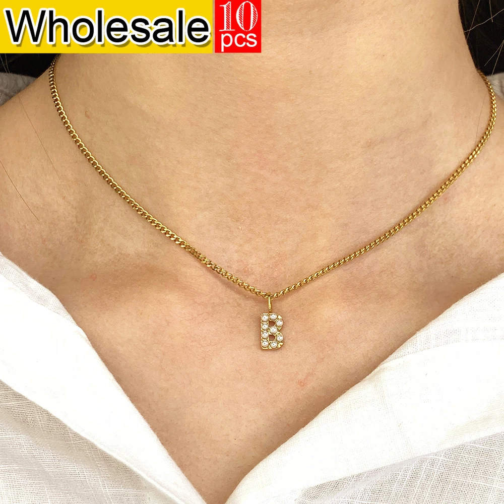 

10PCS Necklace Woman Gold color 26 Name Imitation Pearl Initials DIY Accessories Pendant Cuban Chain Stainless Steel Jewelry