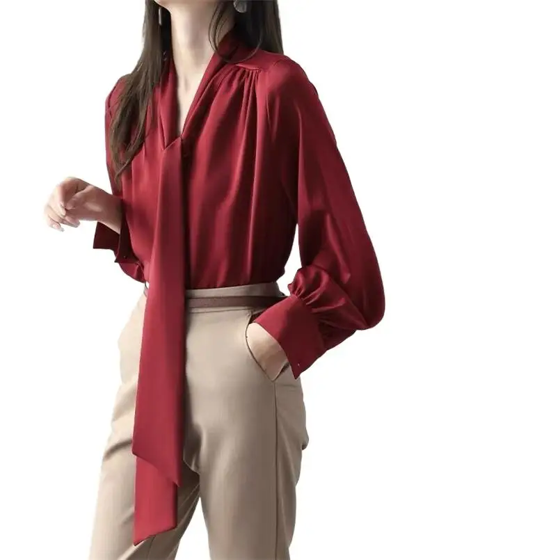 Satin Wine Red Shirts Women Vintage Casual Long Sleeve Top Single Breasted V-neck Bow Tie Blouse Streetwear 2024 Spring Autumn