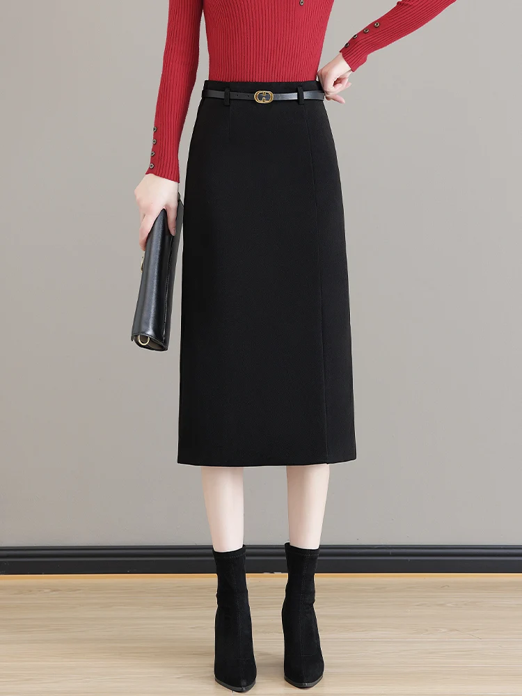 

High Waist Asymmetrical Woolen Skirt Women's Autumn Winter Slimming Midi Skirt Commute Style Zipper Design Bodycon Skirt