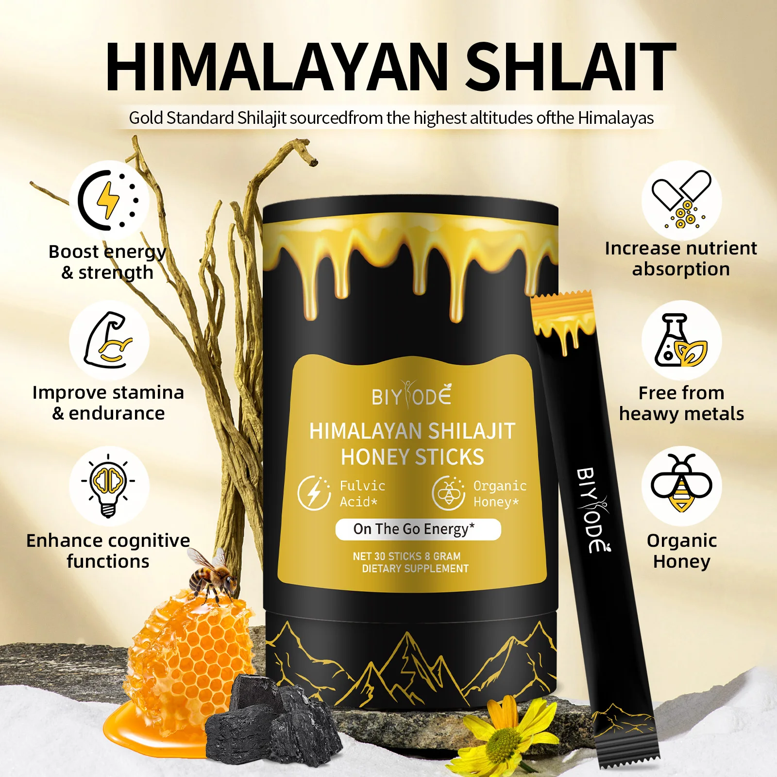 Himalayan Shilajit Resin Honey Sticks Shilajit Resin Sourced 30sticks Sugar Occurring Fulvic Acid Independent Packaging