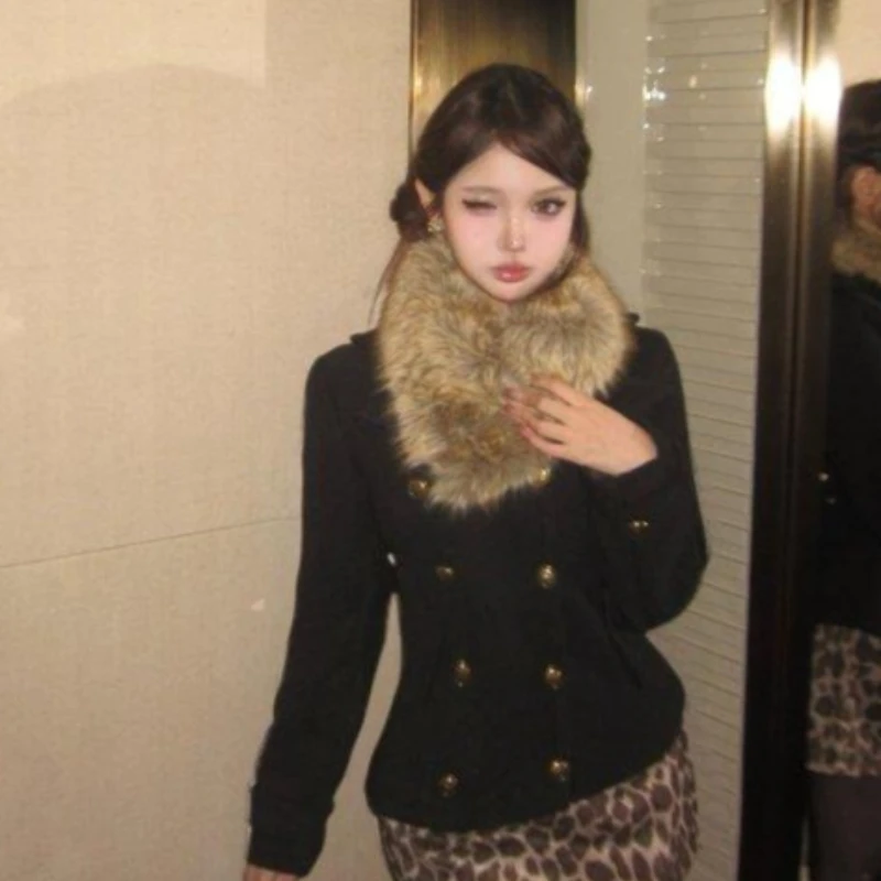 

Черное винтажное женское пальто с капюшоном из искусственного меха в американском стиле, повседневное тонкое пальто с длинными рукавами, верхняя одежда, модная теплая куртка, шикарная верхняя одежда