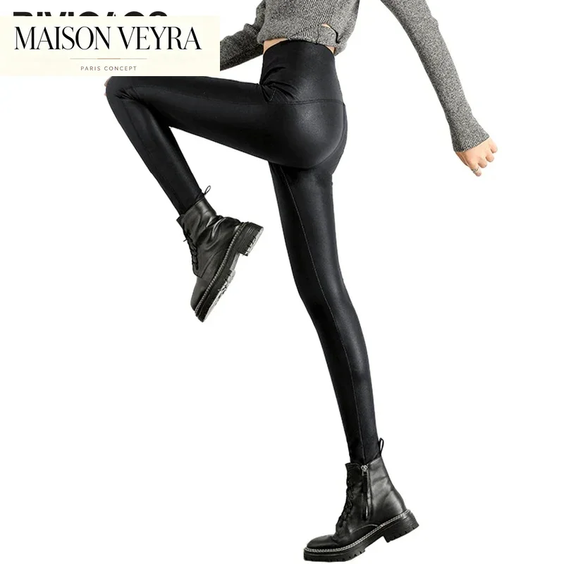 Autumn Winter Black Fleece Matte Leather Leggings Women Waist High Sexy Motorcycle Pants Slim Skinny Warm Leggings