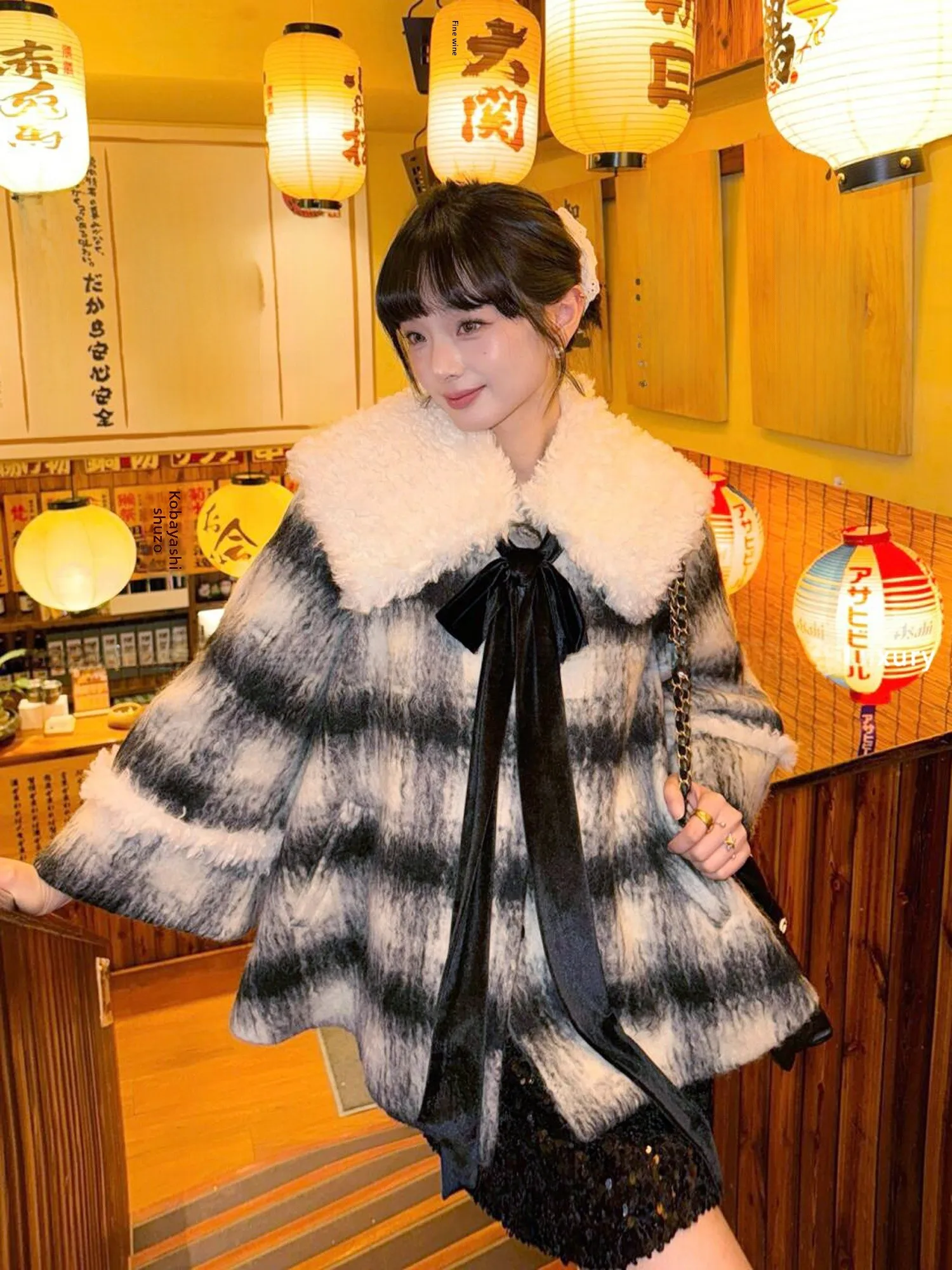 

Retro Sweet Princ Sle Coat with Knot Fur Collar Versatile Cheered Woolen Outerwear for Younger Looking