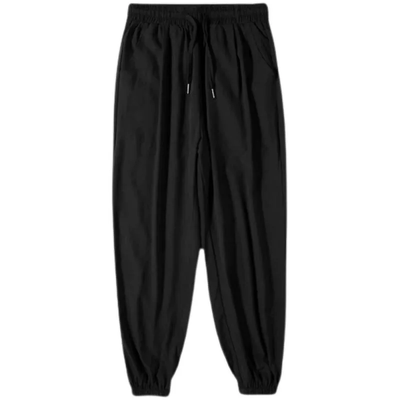 بنطلون رجالي صيفي رقيق من الحرير الجليدي سريع الجفاف فضفاض رياضي عصري غير رسمي طويل للأعمال بقصة مستقيمة تسعة أرباع الطول