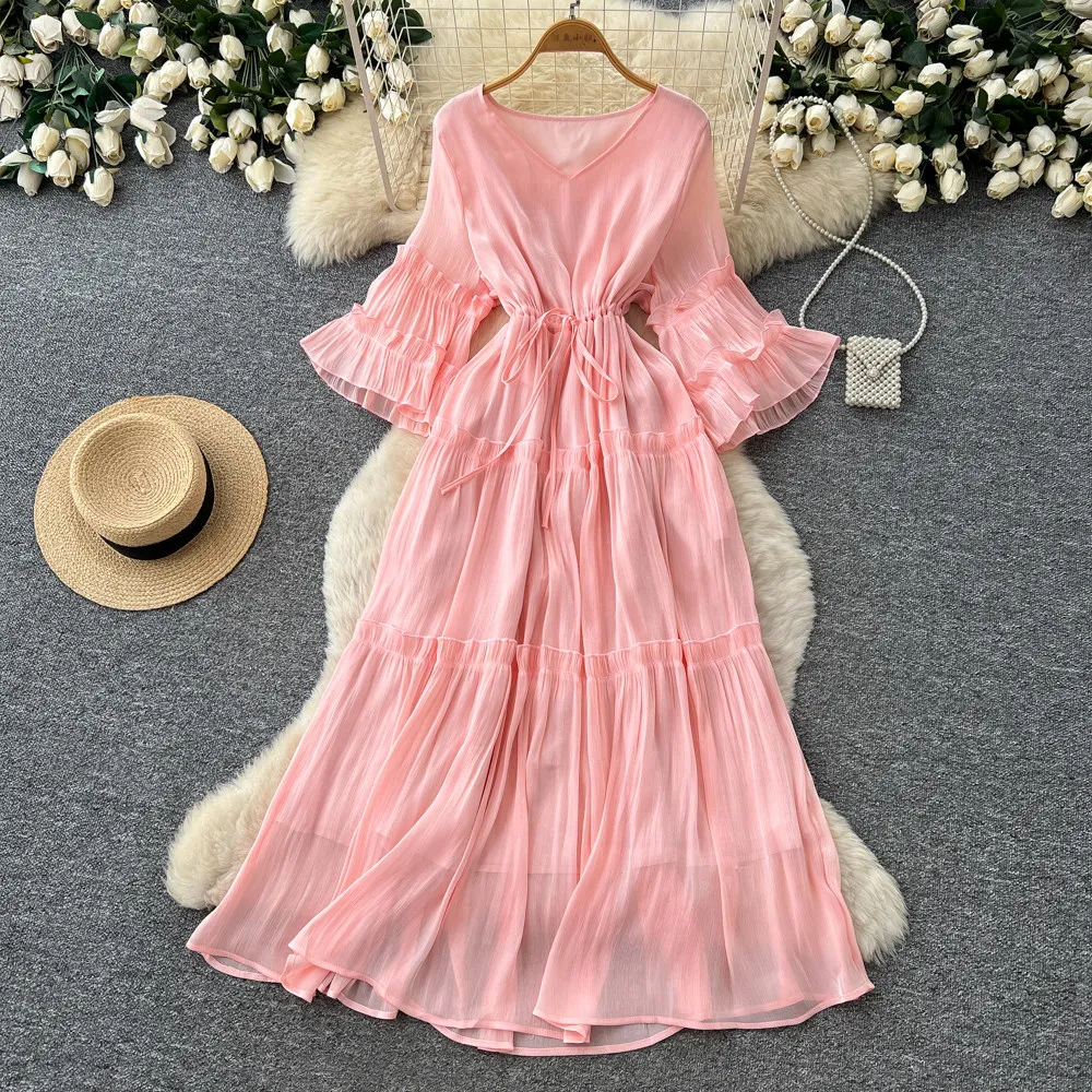 

Long Dress Women Dresses A Line Vestidos Y2k Streetwear V Neck Flare Sleeve Elegant Tight Waist Slim Fit Party Night Work 2026