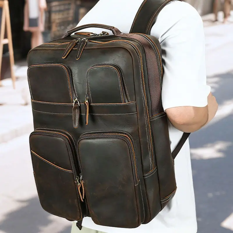 Vintage Crazy Horse Leather Men's Backpack Cowhide Rucksack Large Classic Travel Backpack Big 15.6 
