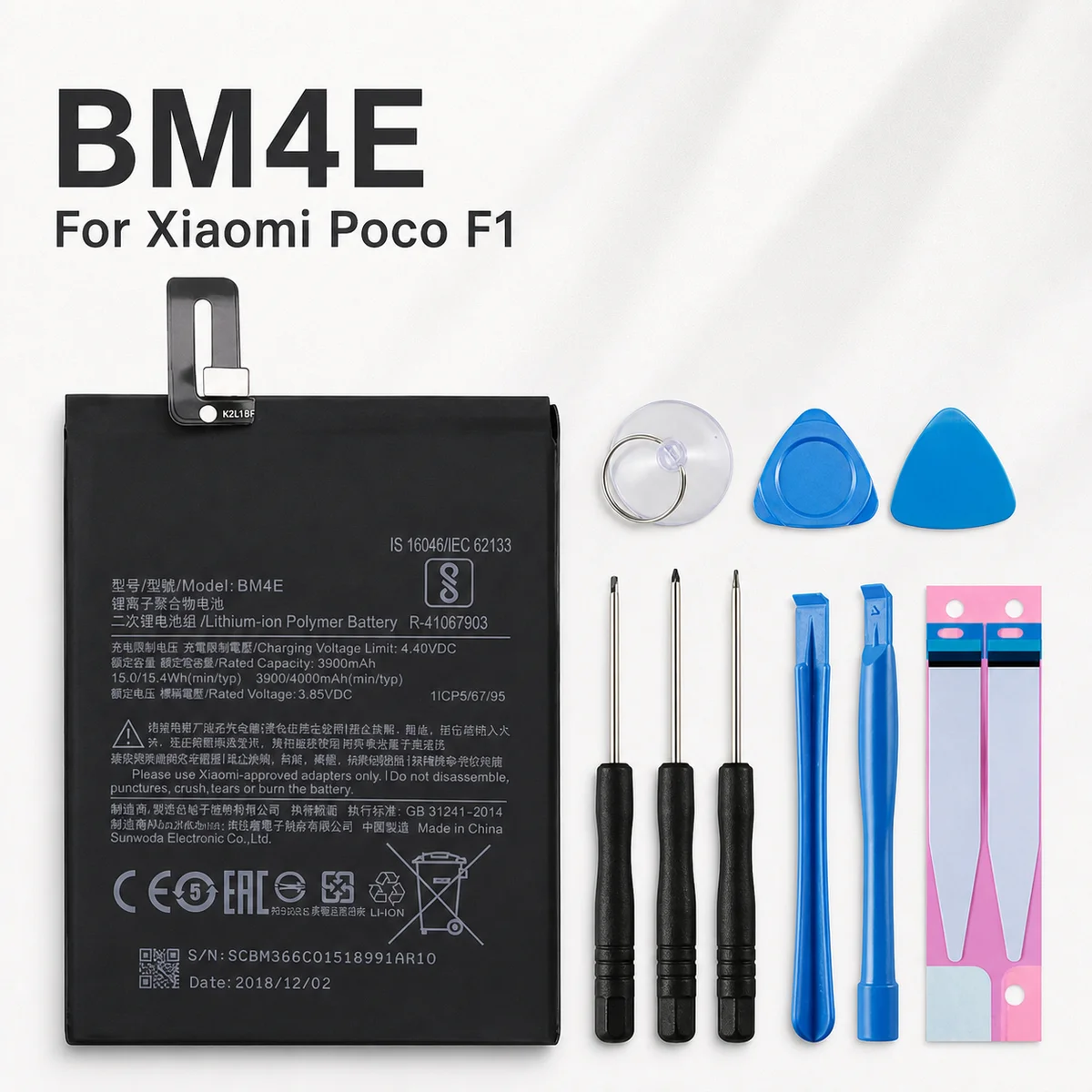 Image of Ersatz-Handy-Akku BM4E 3900mAh für Xiaomi Mi Poco F1 Pocophone F1 Interner Mobiltelefon-Akku mit Werkzeugset