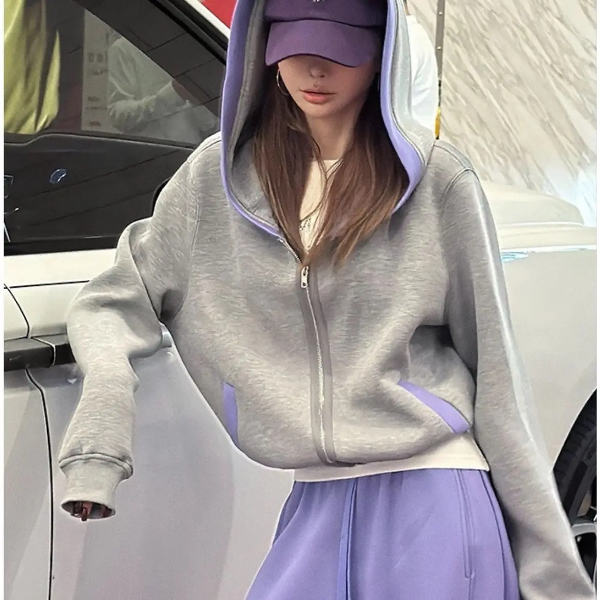 

New splicing jacket for women's autumn and winter casual style loose hooded zipper sweater fleece cardigan jacket for women
