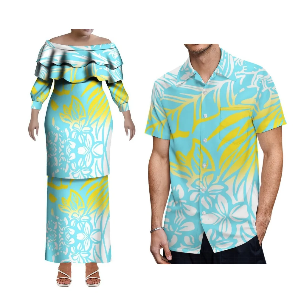 2025 بولينيزيا المرأة طويلة الأكمام واحدة الكتف أعلى وطويلة Puletasi مجموعة هاواي حزب الرجال قميص زوجين مجموعة