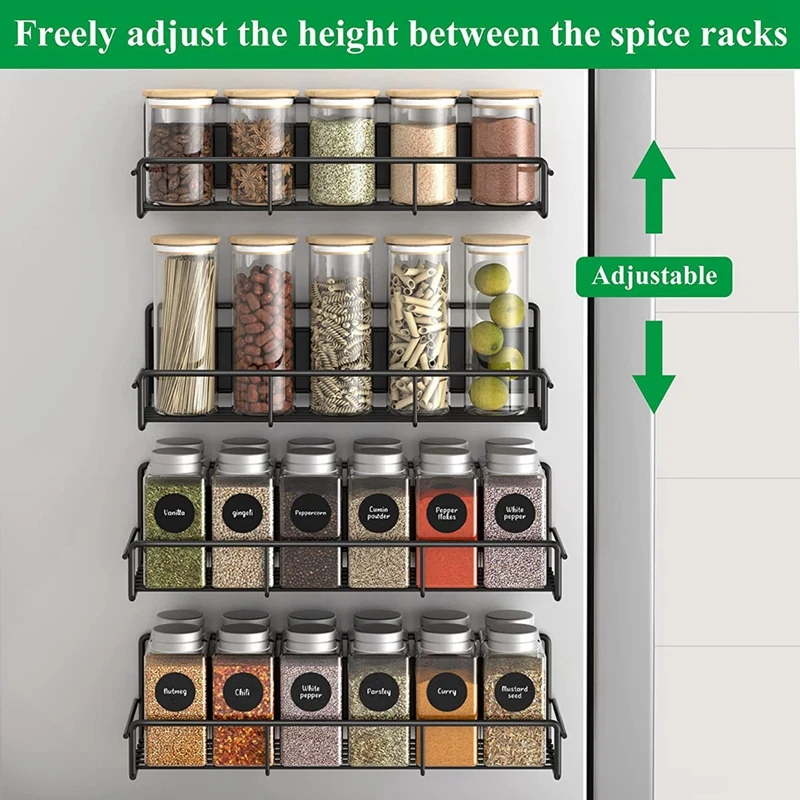 4PCS Magnetic Spice Rack Organizer For Refrigerator And Oven, Metal Fridge Shelf For Kitchen, Black