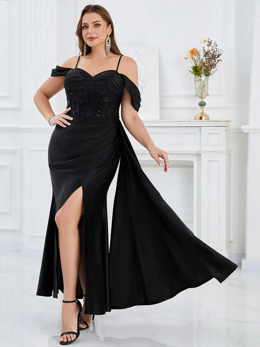 

BAZIIINGAAA Party Dress Plus Size Short Sleeves Sweetheart Neck Fishtail Floor Length Evening Dresses
