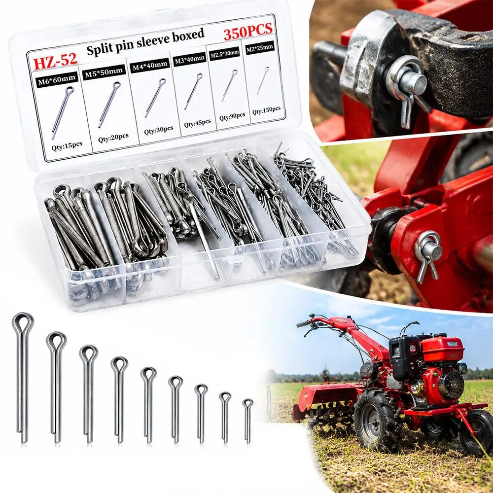 110/350Pcs Carbon Steel Split Pin Silver Tone Boxed Assortment Fastener Assortment Durable Multi-Size Cotter Pin Farm Machinery
