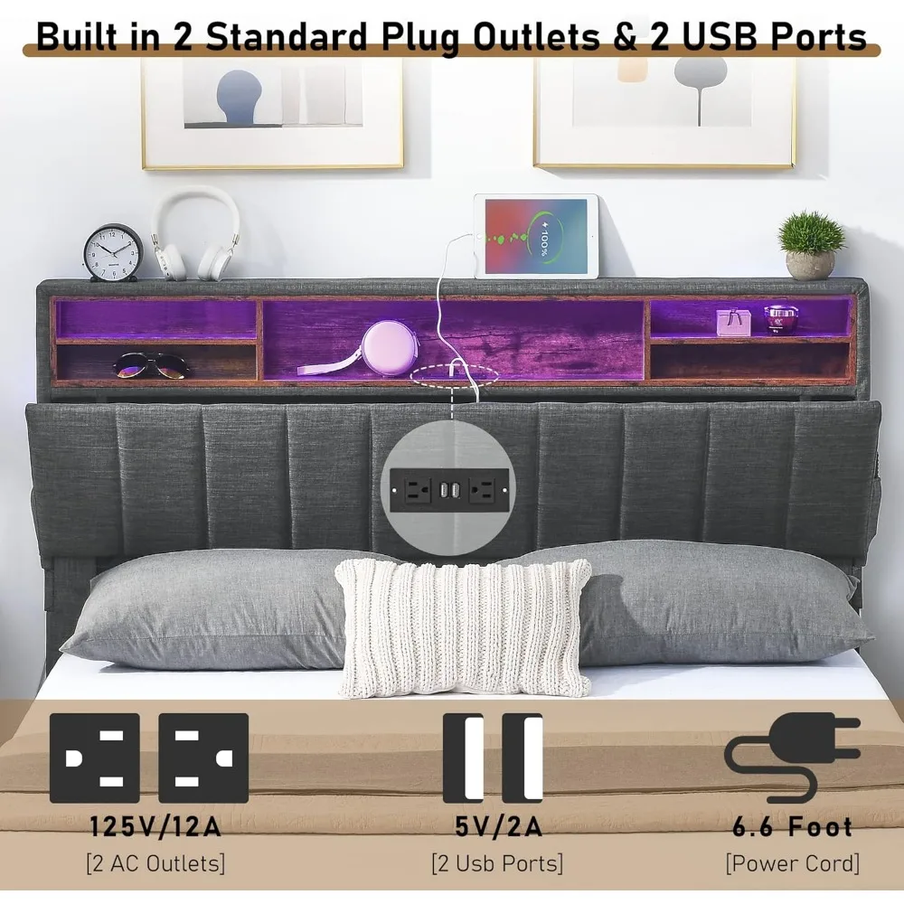 Full Size Bed Frame with 2 Storage Drawers, LED Bed Frame with Charging Station and Adjustable Bookcase Headboard