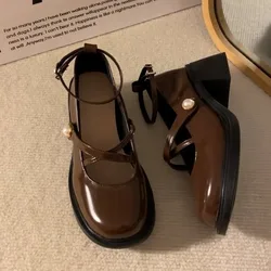 Retro Brown Mary Jane Shoes Women Thick Heels Ankle Buckle Lolita Shoes Woman Japanese Style JK Uniform Pu Leather Loafers Shoe