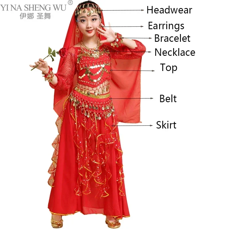Disfraz de danza del vientre étnica india de Xinjiang egipcio para niños, vestido de manga larga para niñas y niños pequeños