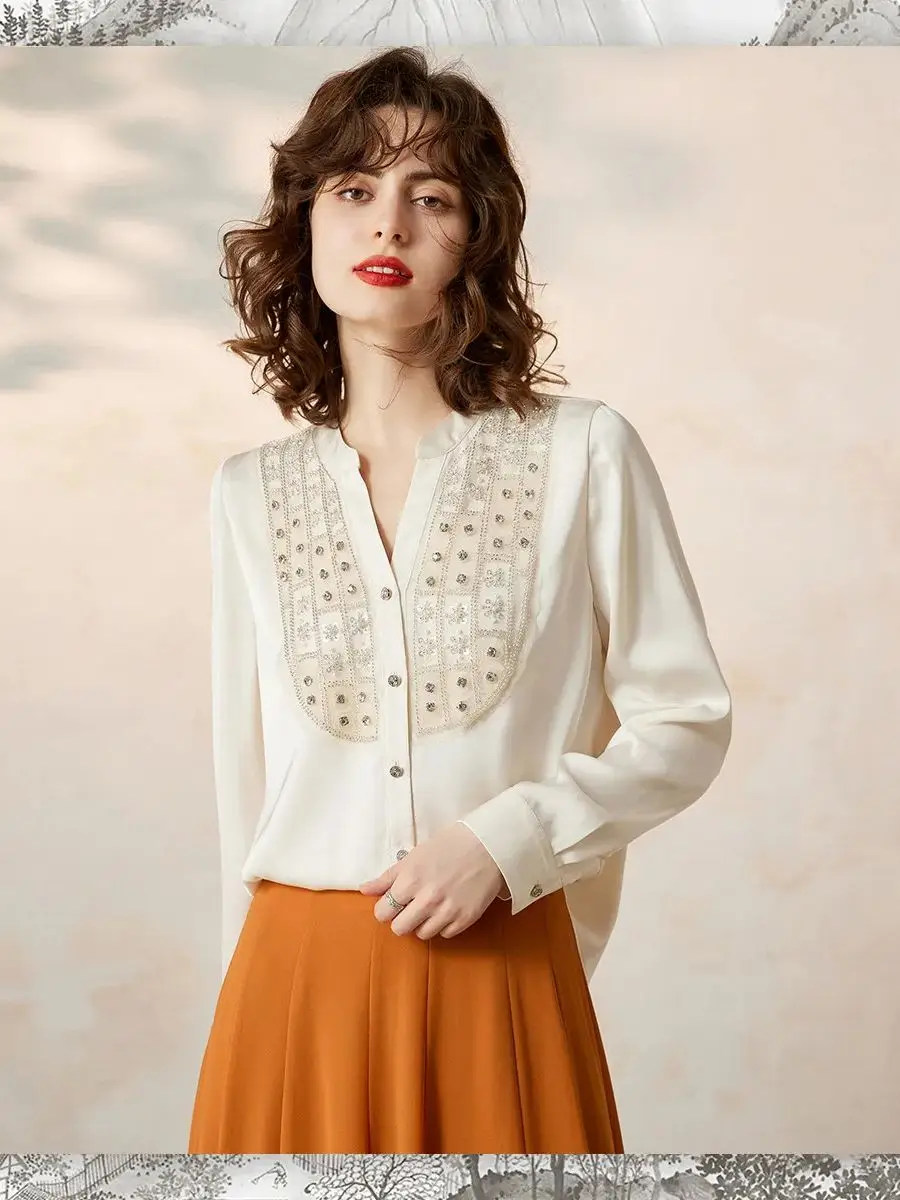 LOUIS YAO Women Shirt V Neck Long Sleeve Beading Mesh Blouses 2024 Spring New Elegant Office Lady Loose Fit Black Apricot Shirt