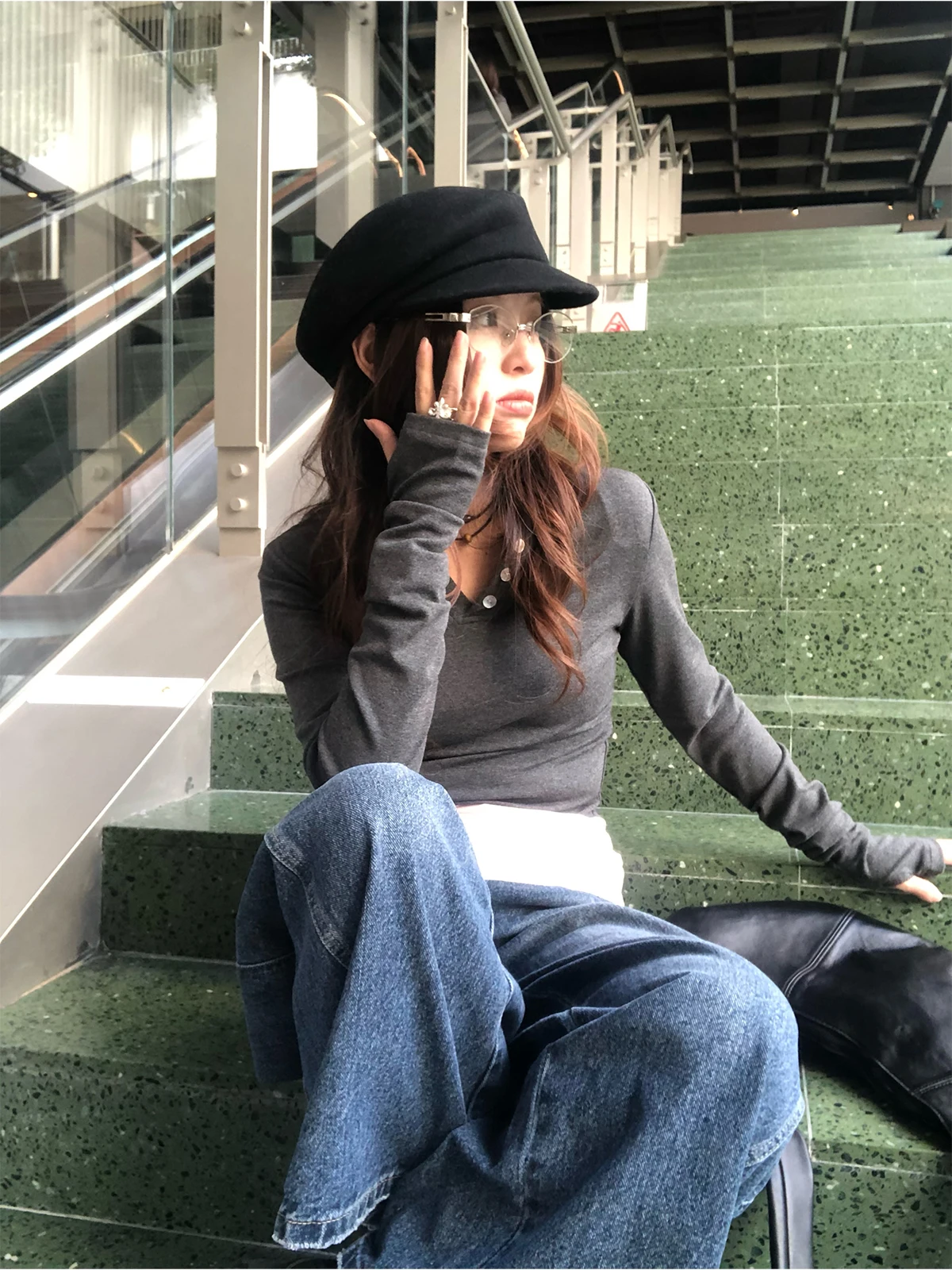 

Endl Korean Sle Slim Fit T-irt ey Pink Color Blo Base irt Ci Walk Casual Long Sve V-Ne Women's Top