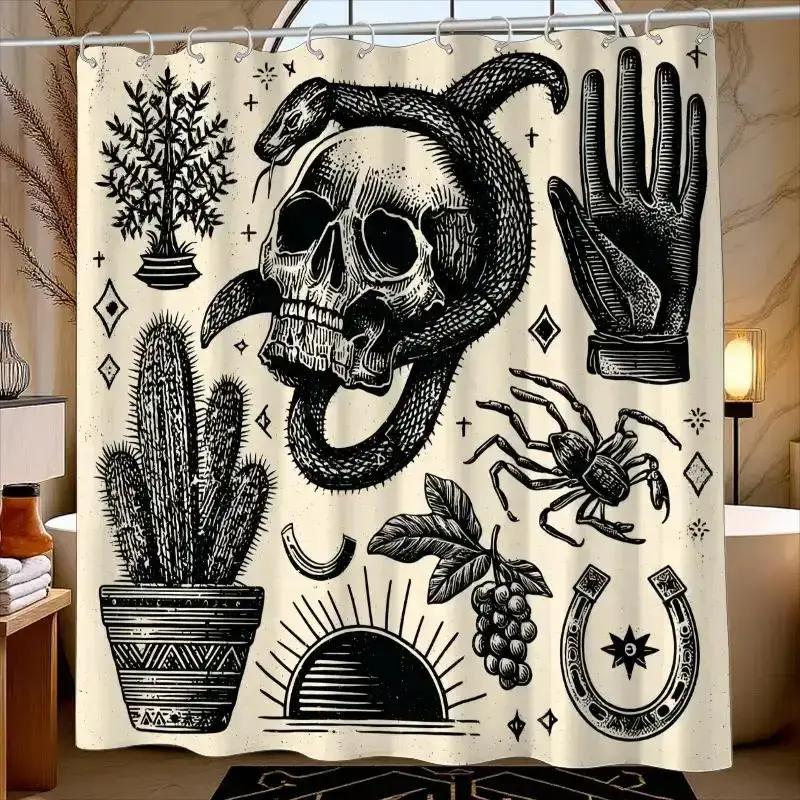 

gothic skull snake cactus and spider tattoo style shower curtain for dark art bathroom decor vintage boho home design QuickSetup