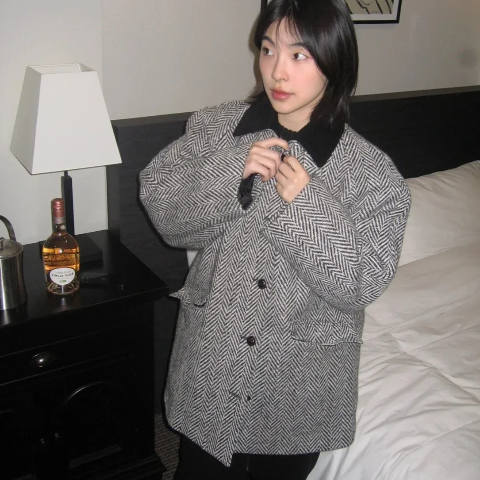 معطف صوفي من Thiened مع ياقة مدببة ونمط تويد من القطن للنساء للتنقل طويل Sve #3