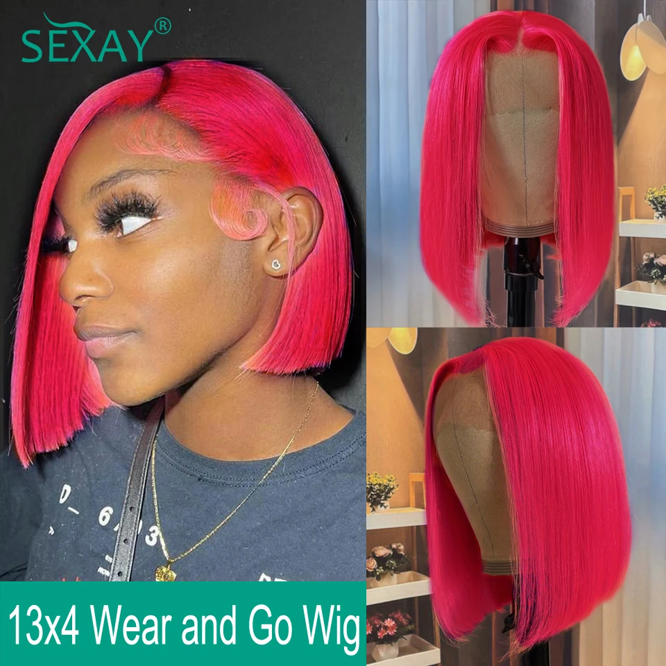 

Hot Pink Human Hair Wig 13x4 Pre Cut Lace Front Wig Bone Straight Human Hair Wigs 8-14 Short Bob Transparent Lace Frontal Wigs