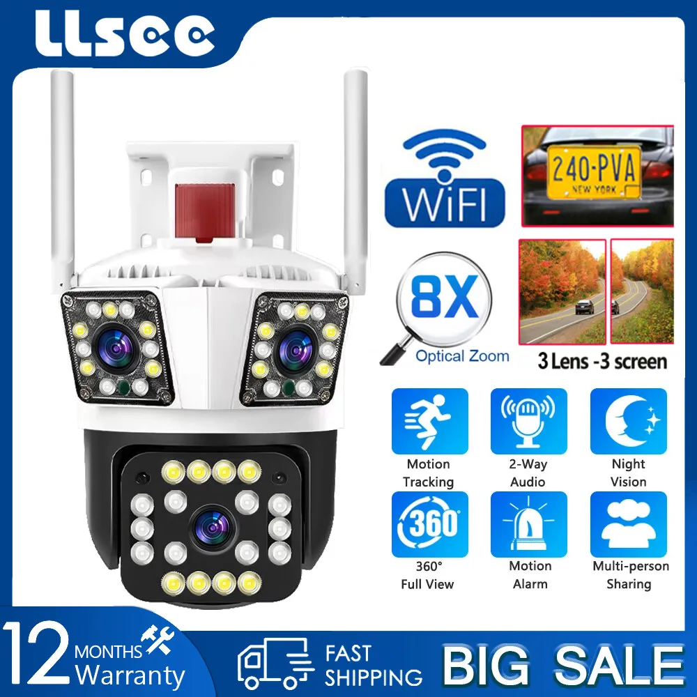 LLSEE 8X zoom 3 lens CCTV outdoor camera 360 pan tilt wireless CCTV WIFI camera waterproof movement tracking two-way call