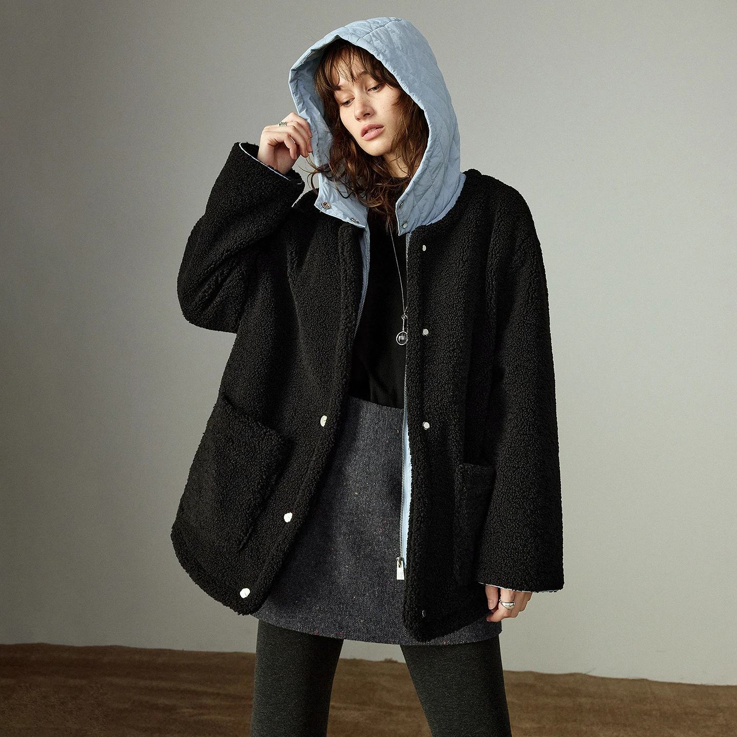 TOYOUTH Women Cotton Coats 2025 Winter New Plush Outerwear Fake Two-piece Hooded Color-block Spliced Warm Black Cotton Coats