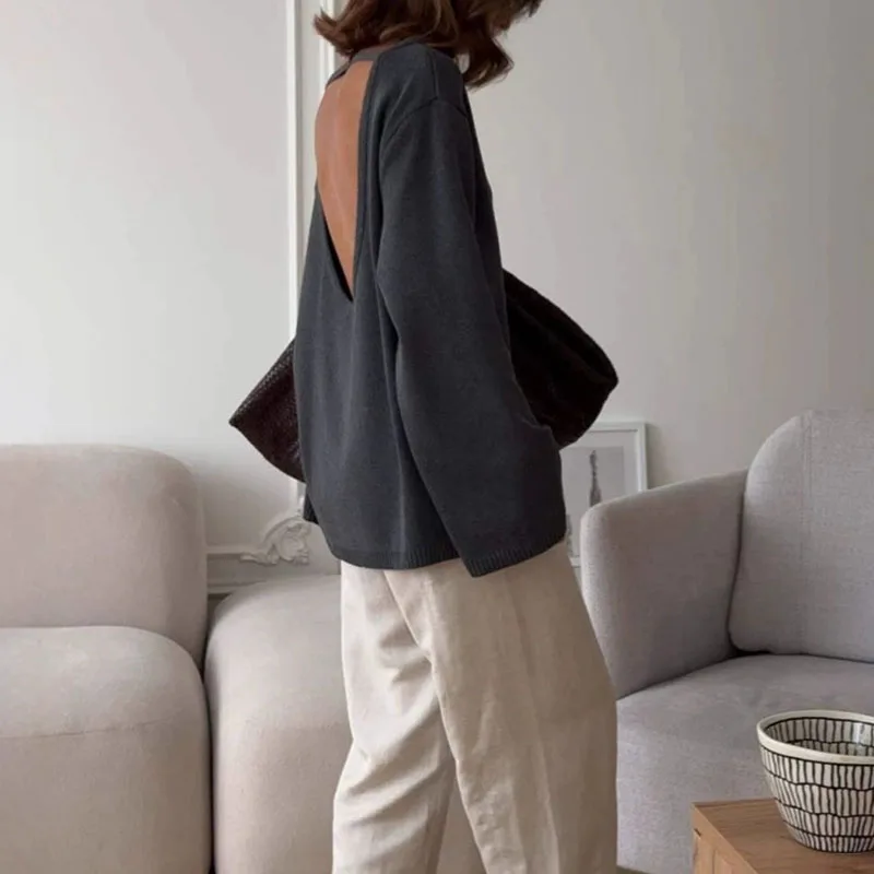 

Вязаные пуловеры с открытой спиной и длинными рукавами для отдыха, осень-зима, новый однотонный свободный свитер, женский простой ажурный джемпер