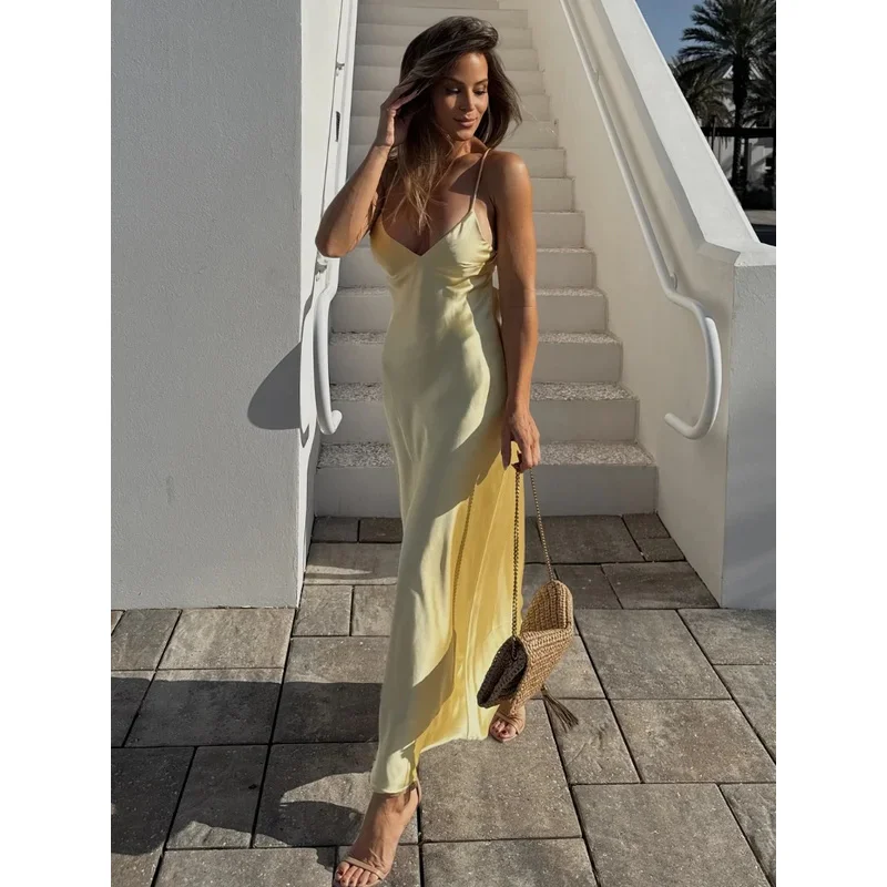 JIN Sexy Lady Solid Color Satin Strap Backless Long Dress Elegant Sleeveless Sling Maxi Dresses New  Woman Evening Party Robe