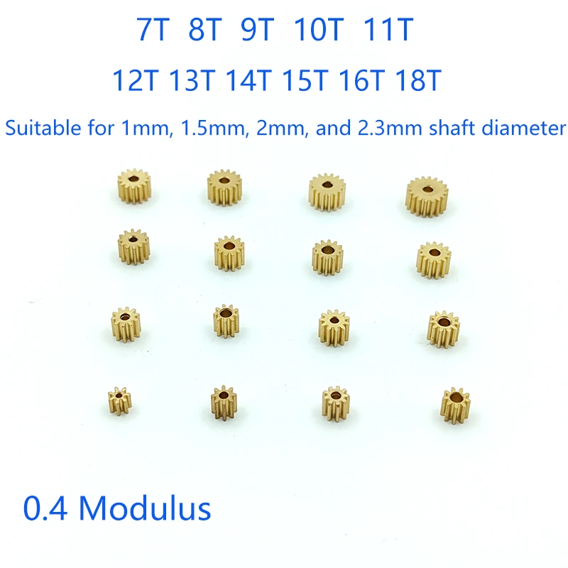 0.4M Modulus 7T 8T 9T 10T 11T 12T 13T 14T 15T 16T 18T Teeth Metal Copper Brass Gear Motor Spindle Fit 1mm 1.5mm 2mm 2.3mm Shaft