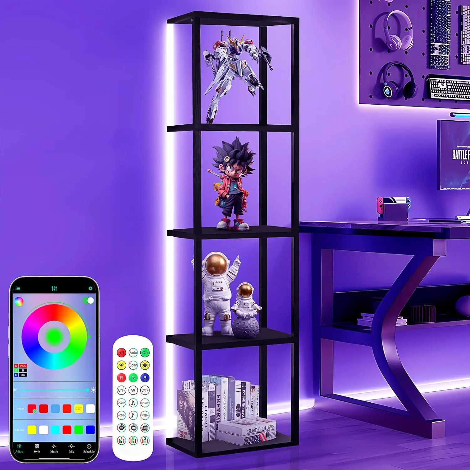 

5 Tiers Corner Shelf with LED Light,LED Corner Floor Lamp with APP and Remote Control for Living Room Bedroom