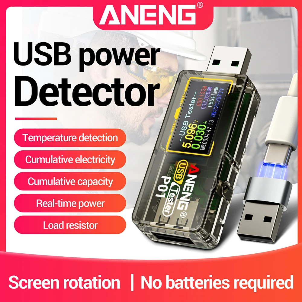 

Тестер быстрой зарядки ANENG P01 DC 4-30В 0-6А, вольтметр, измеритель тока и напряжения, детектор напряжения, индикатор зарядки повербанка