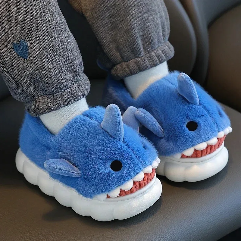 Winter Heel Wrap Cotton Children's Slippers Cute Cartoon Shark Non-slip Soft Sole Kids Boys Girls Junior Warm Plush Home Shoes