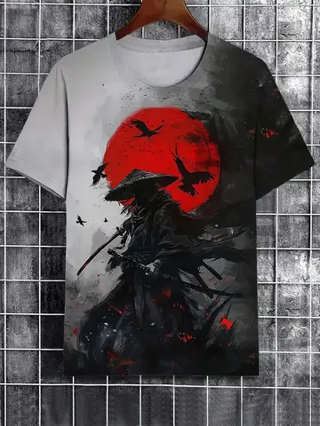 Men's T-Shirt Japanese Style Samurai Pattern Printed Casual O-Neck Loose Street Short Sleeved Tees Tops Male Oversized T Shirt