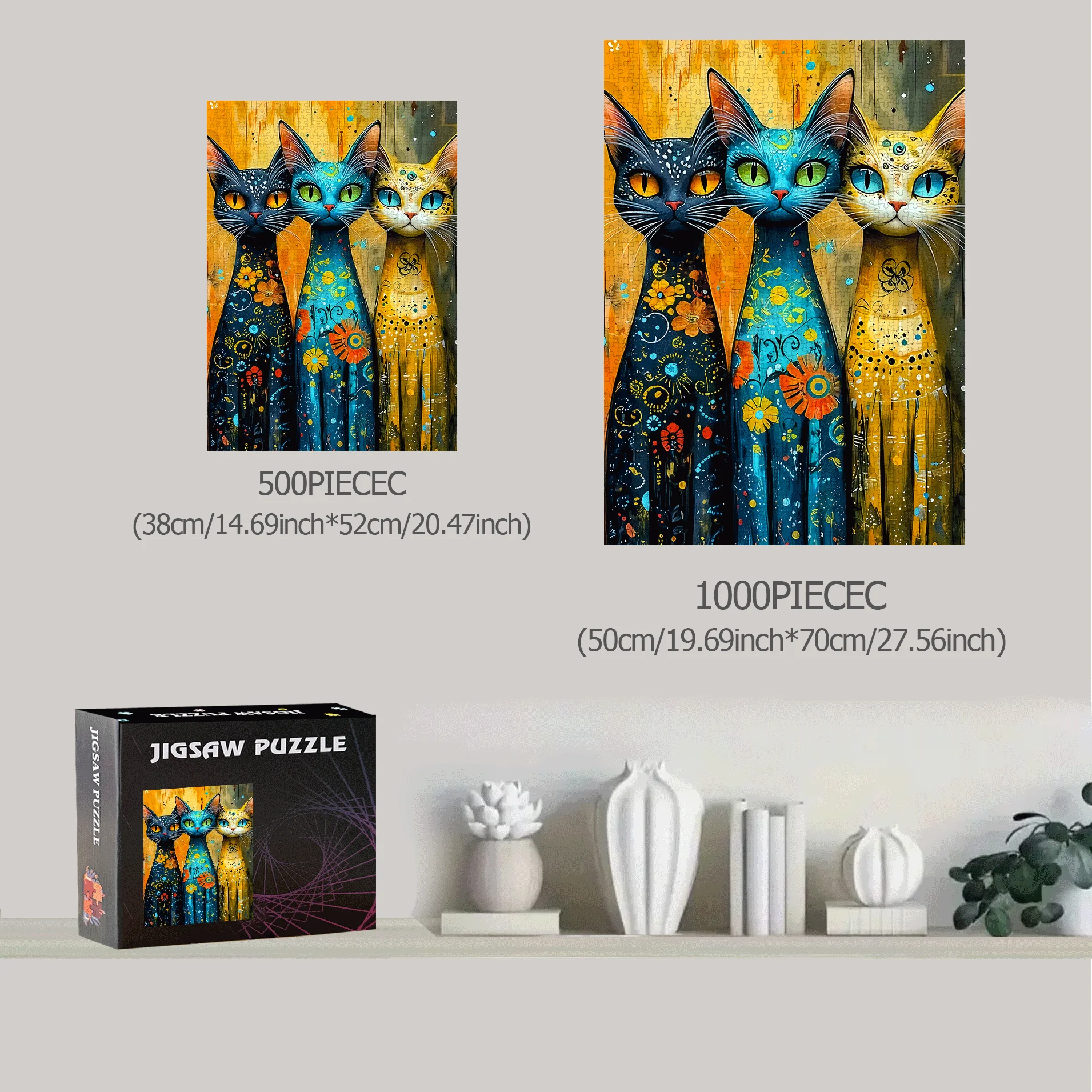 500 قطعة أو 1000 قطعة من أحجية الصور المقطوعة الكبيرة جدًا - صعوبة 5A مع ألوان نابضة بالحياة وتصميم قطة معقدة، وسائط داخلية