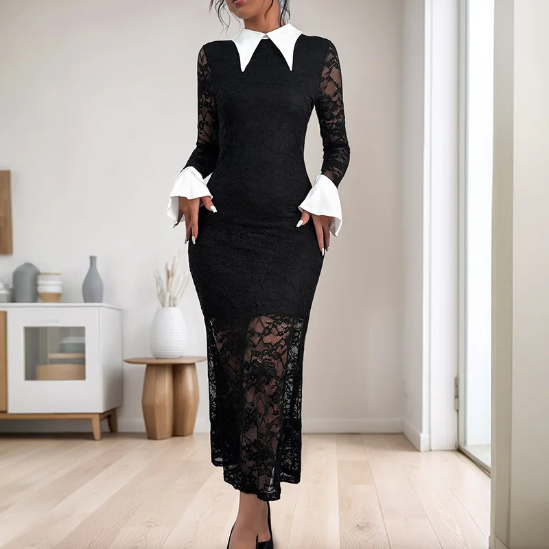 2025 New Sexy and Elegant Lace Long-sleeved Lapel Color-blocking Temperament Celebrity High-end Dress