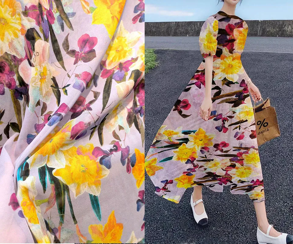 Crepe Italian Luxury D Brand Yellow Flowers 100% Mulberry Silk Fabric Georgette Fashion Cloth Shirt Dress Sewing Per Meter Mater