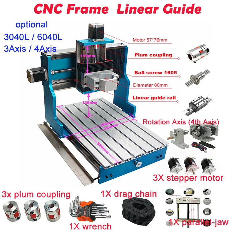 

3axis 4axis CNC Router Frame 6040L 3040L Linear Guideway for DIY Wood Metal Engraving Milling Machine with 57*76mm Nema 23 Motor