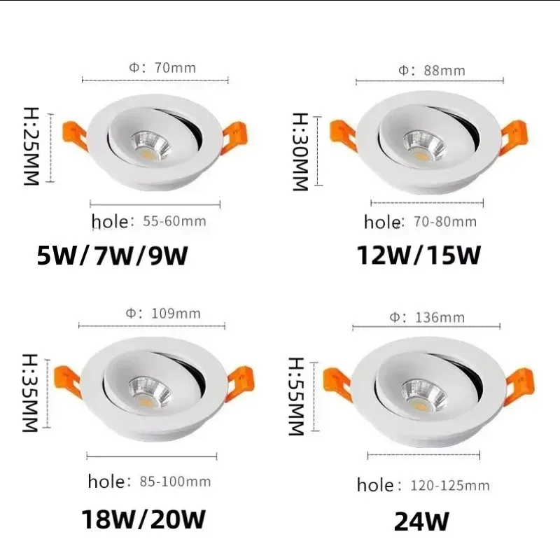 Modern Embedded LED Downlight 9W 12W 18W Dimmable Black And White COB Spotlight 360 ° Adjustableindoor Lighting Home Decoration