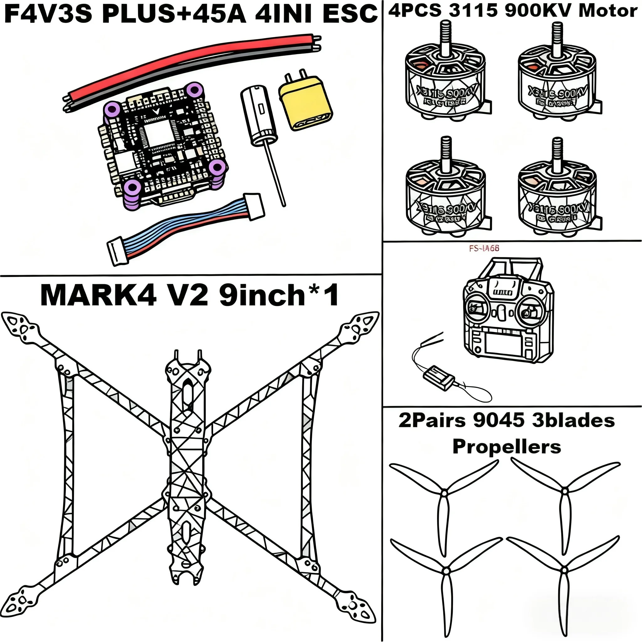 

MARK4 V2 9-дюймовый F4V3S/F4V3S PLUS Управление полетом 45/60A 4INI ESC стоечный дрон FPV из углеродного волокна PV Racing Drone Квадрокоптер Фристайл