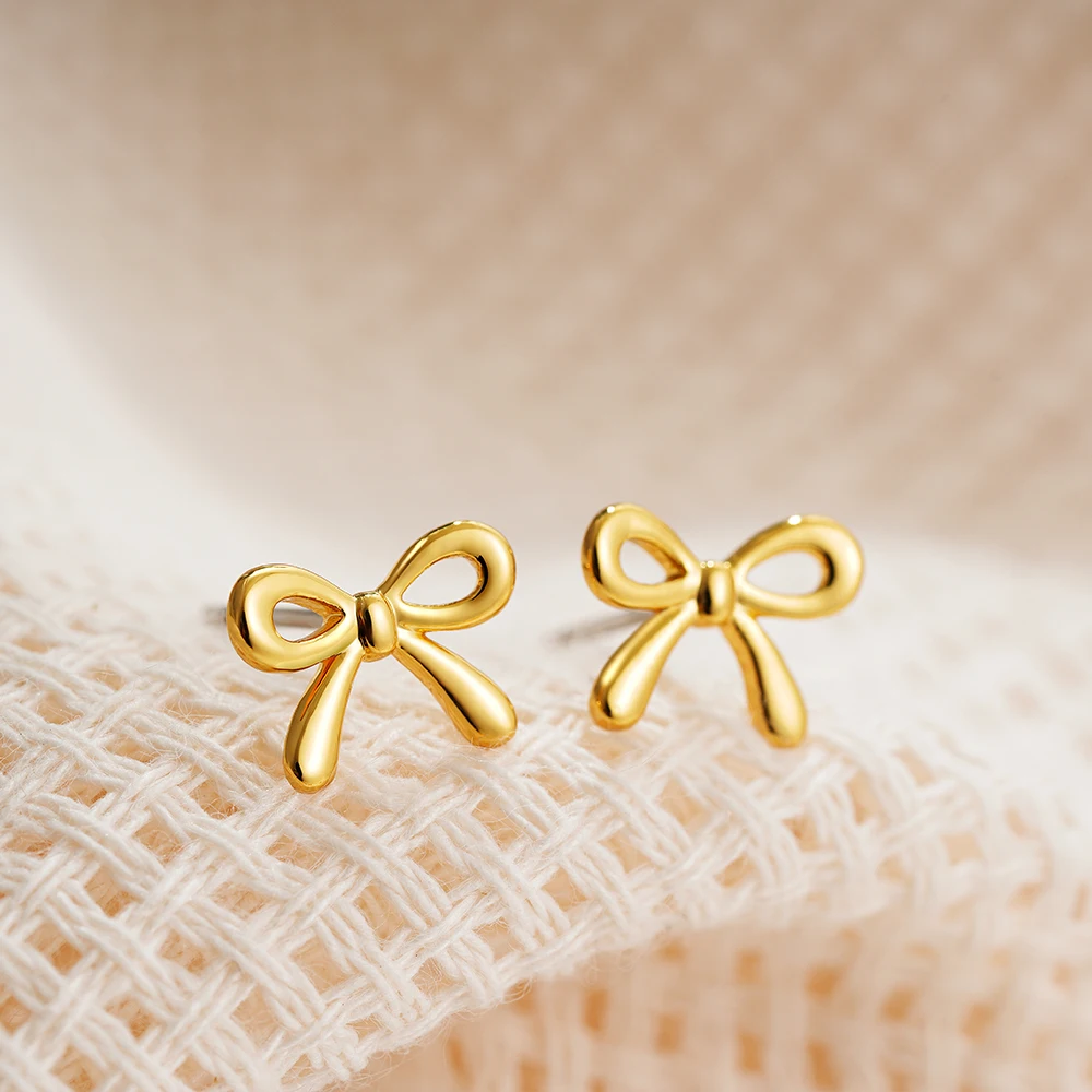 Fashion Sweet Gold color Mini Bow Stud Earrings Glossy Metal Minimalist Piercing  for Women Jewelry Gift