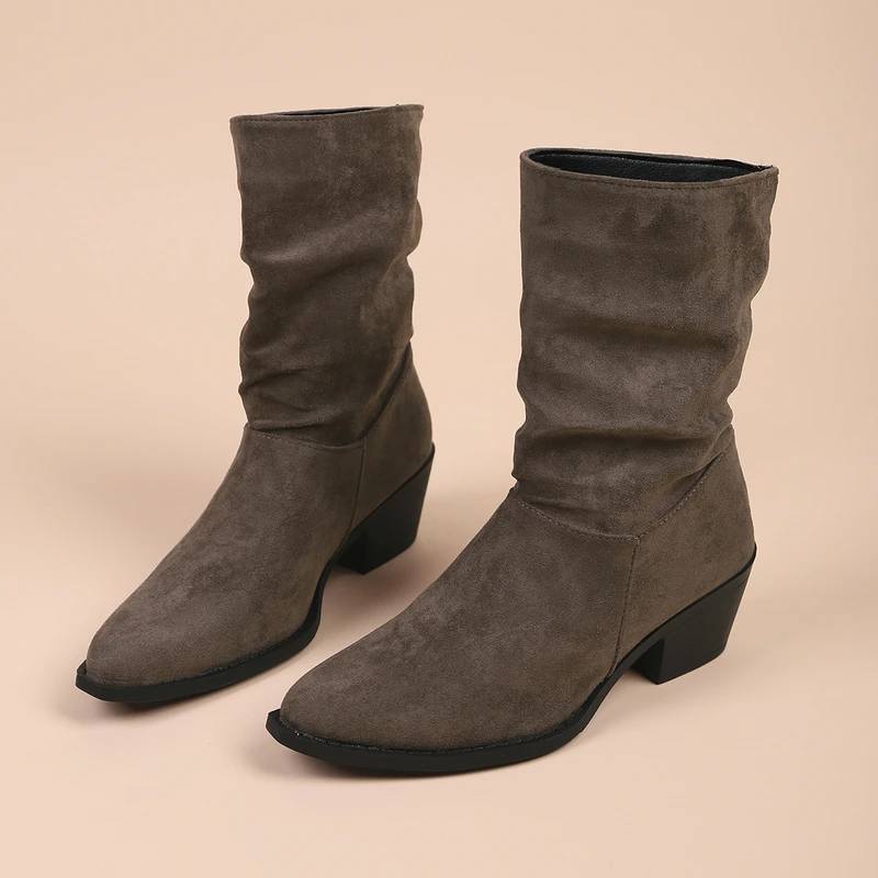 2026 New Fashionable Pleated Womens Chelsea Boots Sexy Pointed Toe Suede Mid-Calf Boots Comfortable Autumn Party Boots for Women