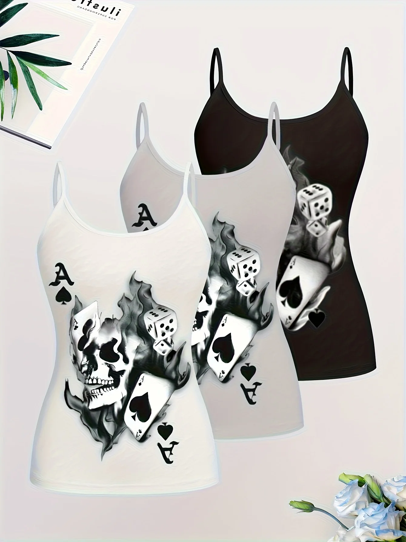 Plus Size Women's 3 Piece Skull Print Tank Top Set Spaghetti Strap Slim Fit Casual Cami Tops